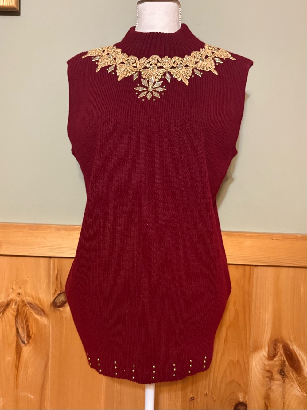 Vintage 80s 90s Burgundy Jeweled Sweater Vest Gold Applique Mock Neck USA OS